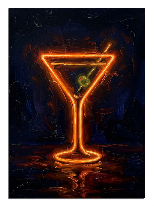 Karanlık fonda neon turuncu martini kadehi bar tablosu.