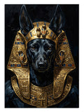 Altın firavun tacı takan siyah köpek Anubis portresi tablosu.