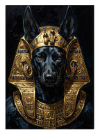 Altın firavun tacı takan siyah köpek Anubis portresi tablosu.