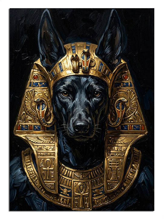 Altın firavun tacı takan siyah köpek Anubis portresi tablosu.