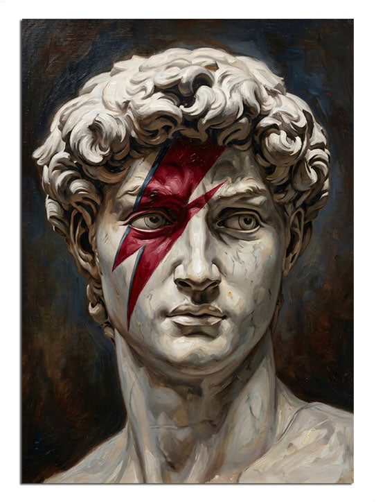 Kırmızı şimşekli antik David heykeli pop art portre tablosu.