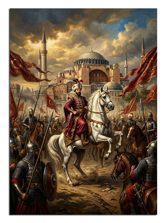 Beyaz at üzerinde bayraklı Osmanlı akıncısı ve askerler fetih tablosu.