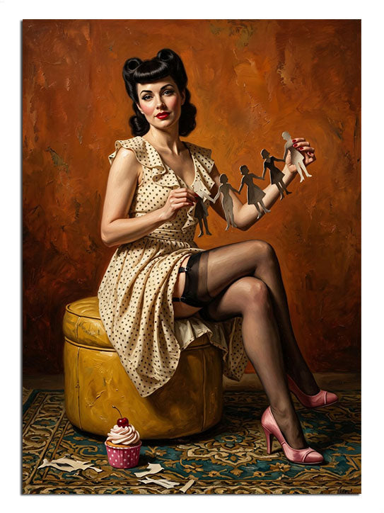 Sarı puf üzerinde dikiş diken pin-up kadın vintage tablosu.