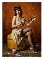 Sarı puf üzerinde dikiş diken pin-up kadın vintage tablosu.