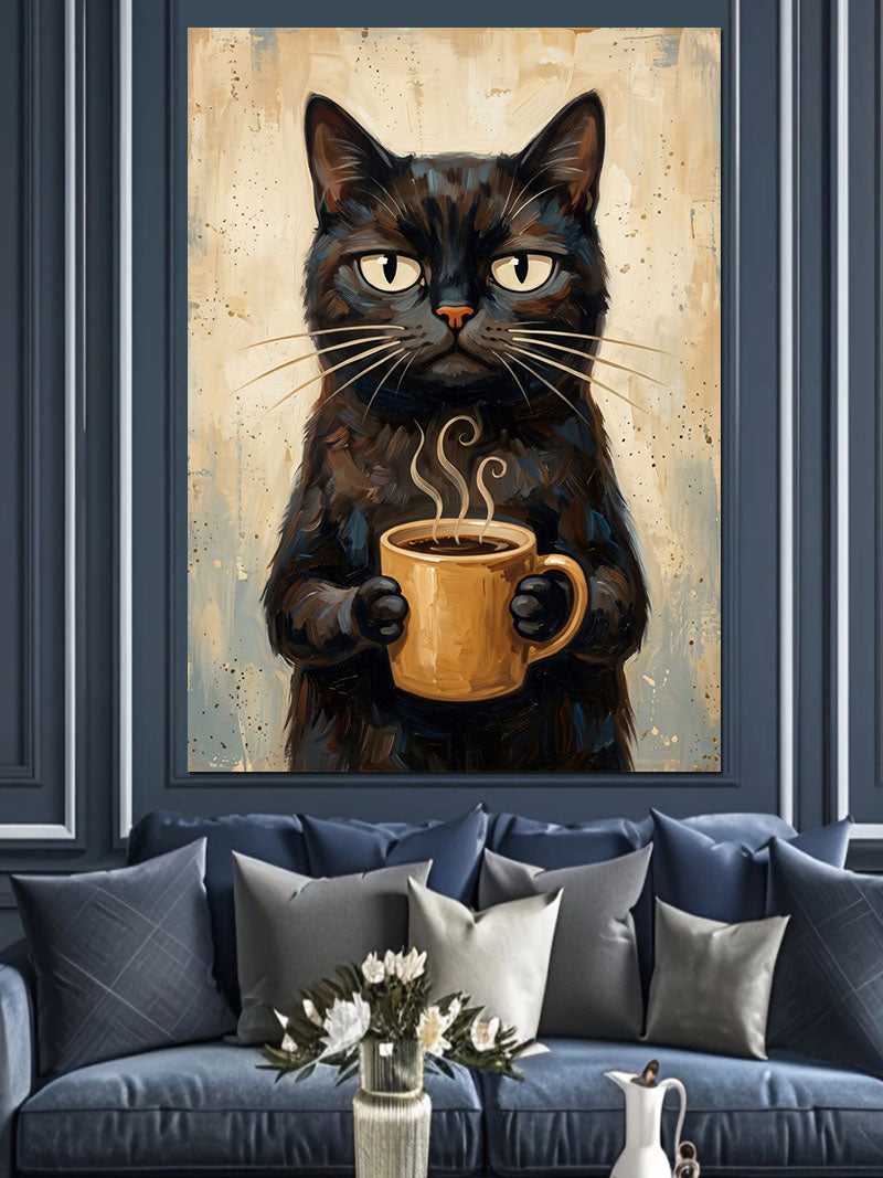 Kahve Fincanı Tutan Siyah Kedi Kanvas Tablo