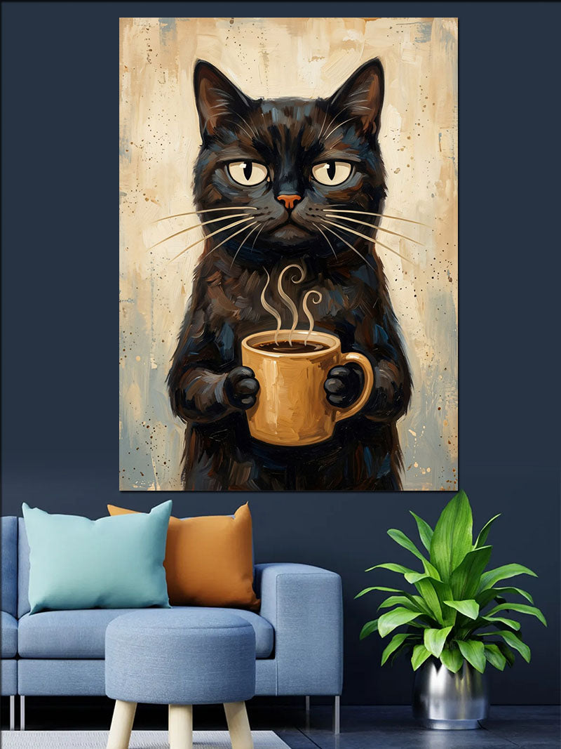 Kahve Fincanı Tutan Siyah Kedi Kanvas Tablo