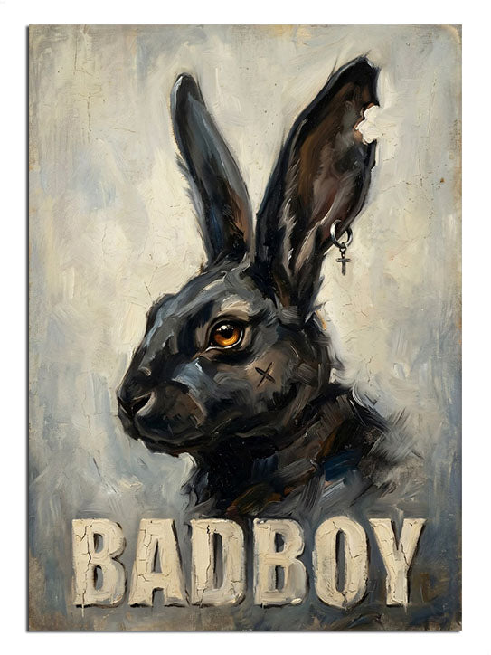 BAD BOY yazılı kulakları düşük siyah tavşan portre tablosu.