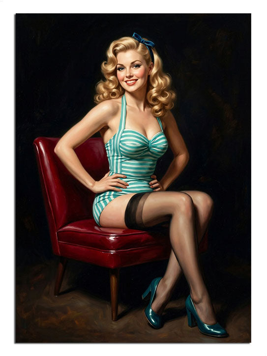 Kırmızı koltukta çizgili mayolu pin-up kadın vintage tablosu.
