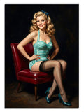 Kırmızı koltukta çizgili mayolu pin-up kadın vintage tablosu.