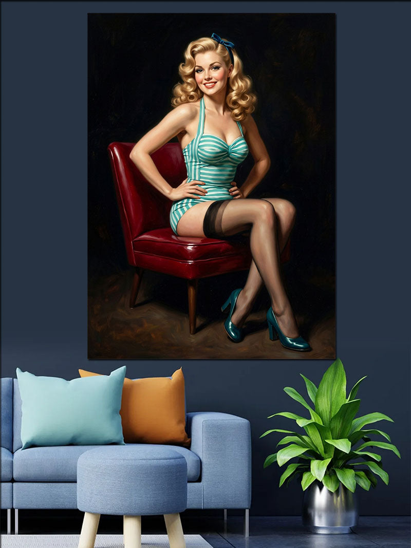 Kırmızı Koltukta Pin-Up Kadın Kanvas Tablo