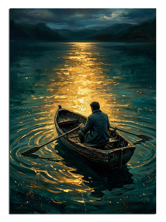 Gece gölde kayıkta oturan adam ve ay ışığı yansıma manzarası.