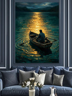 Kayıkta Ay Işıklı Gece Balıkçısı Kanvas Tablo