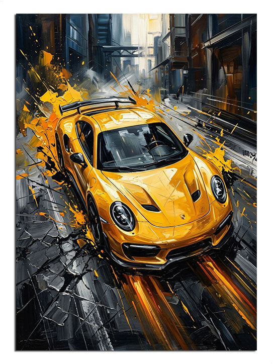 Şehirde hızla giden sarı Porsche spor araba dinamik tablo.