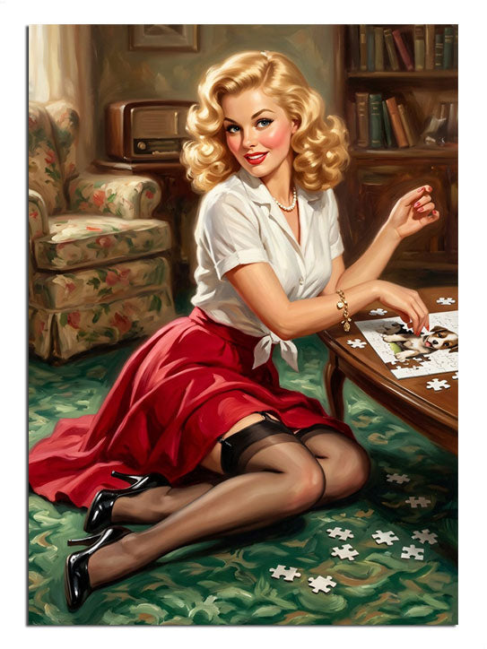 Yerde puzzle yapan kırmızı etekli pin-up kadın vintage tablosu.