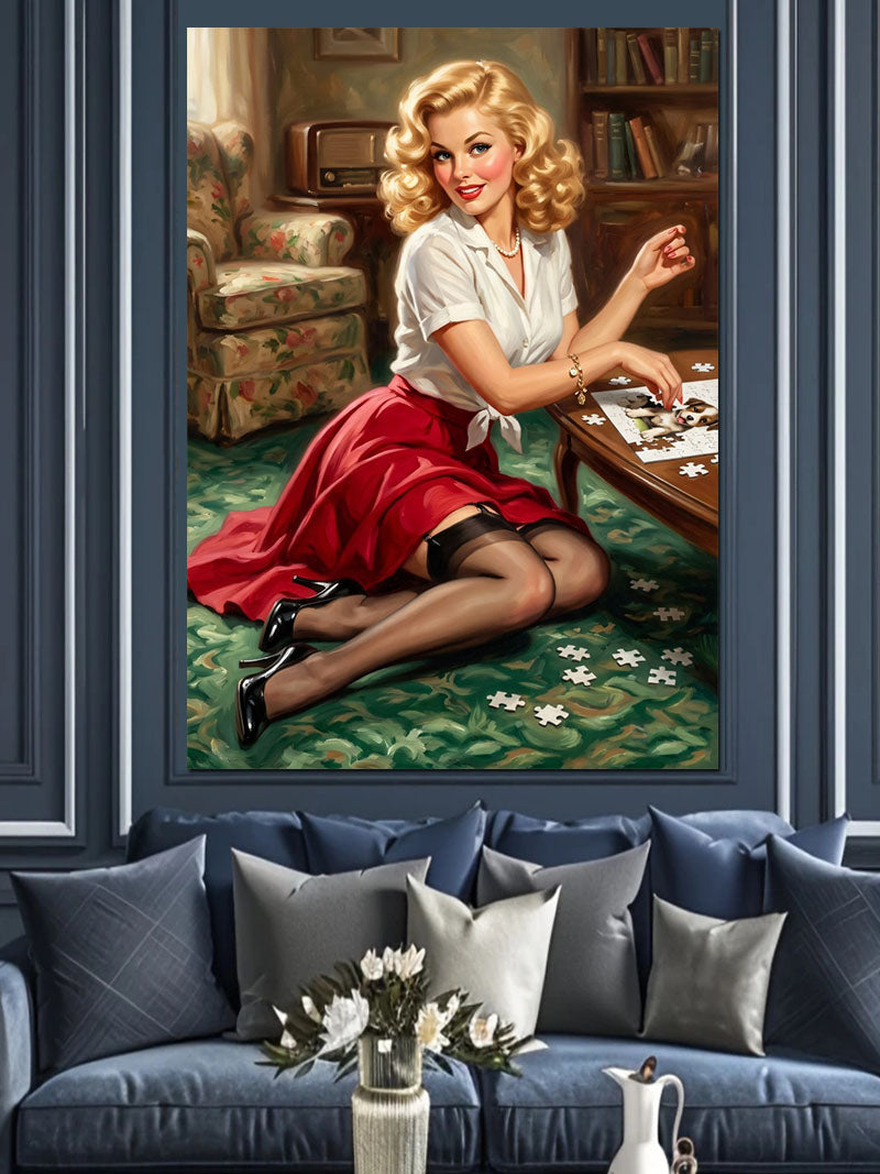 Puzzle Yapan Pin-Up Kadın Tablosu Kanvas Tablo