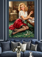 Puzzle Yapan Pin-Up Kadın Tablosu Kanvas Tablo