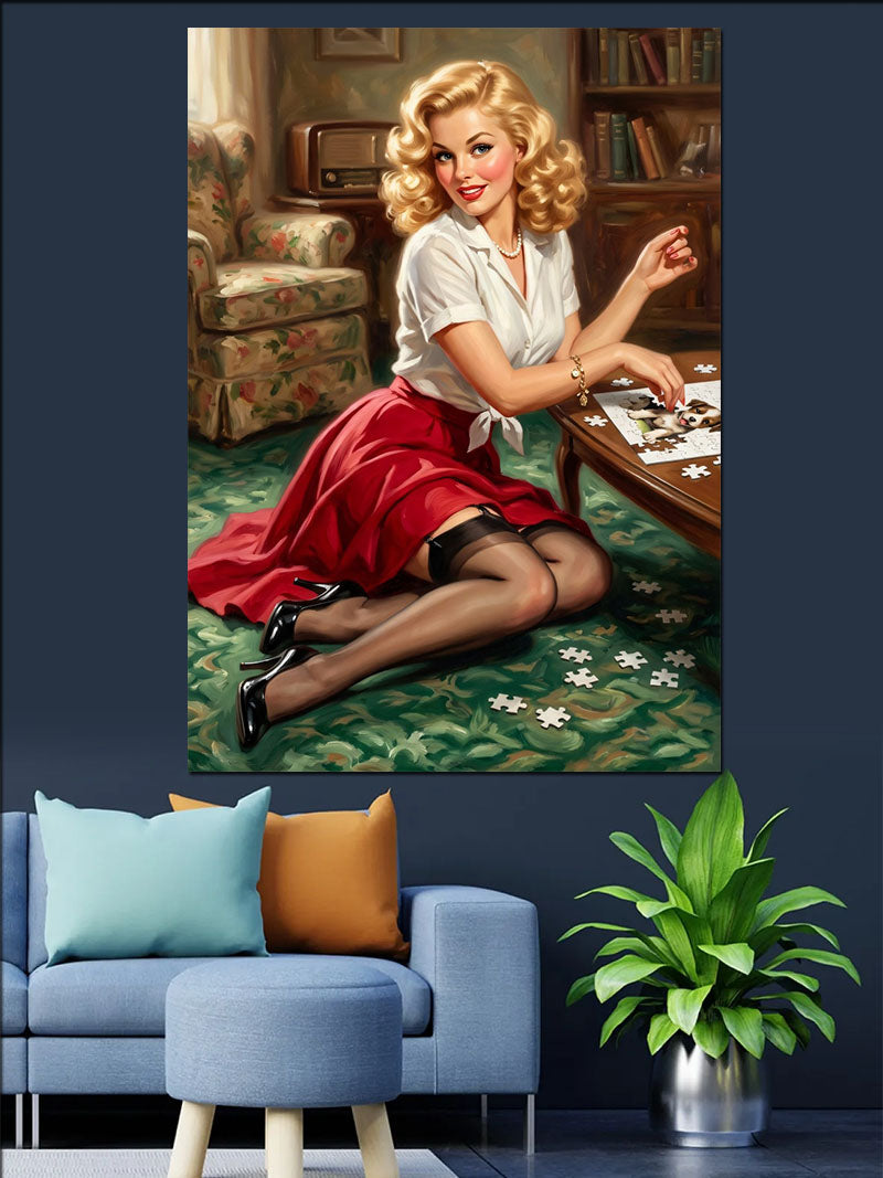 Puzzle Yapan Pin-Up Kadın Tablosu Kanvas Tablo