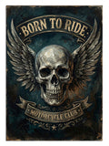 BORN TO RIDE yazılı kanatlı kuru kafa motorcu posteri.