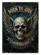 BORN TO RIDE yazılı kanatlı kuru kafa motorcu posteri.