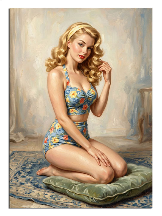 Minder üzerinde oturan çiçekli mayolu pin-up kız vintage tablosu.