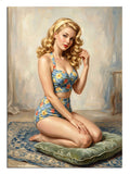 Minder üzerinde oturan çiçekli mayolu pin-up kız vintage tablosu.