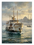 İstanbul Boğazı'nda tarihi vapur ve martılar ile manzara tablosu.
