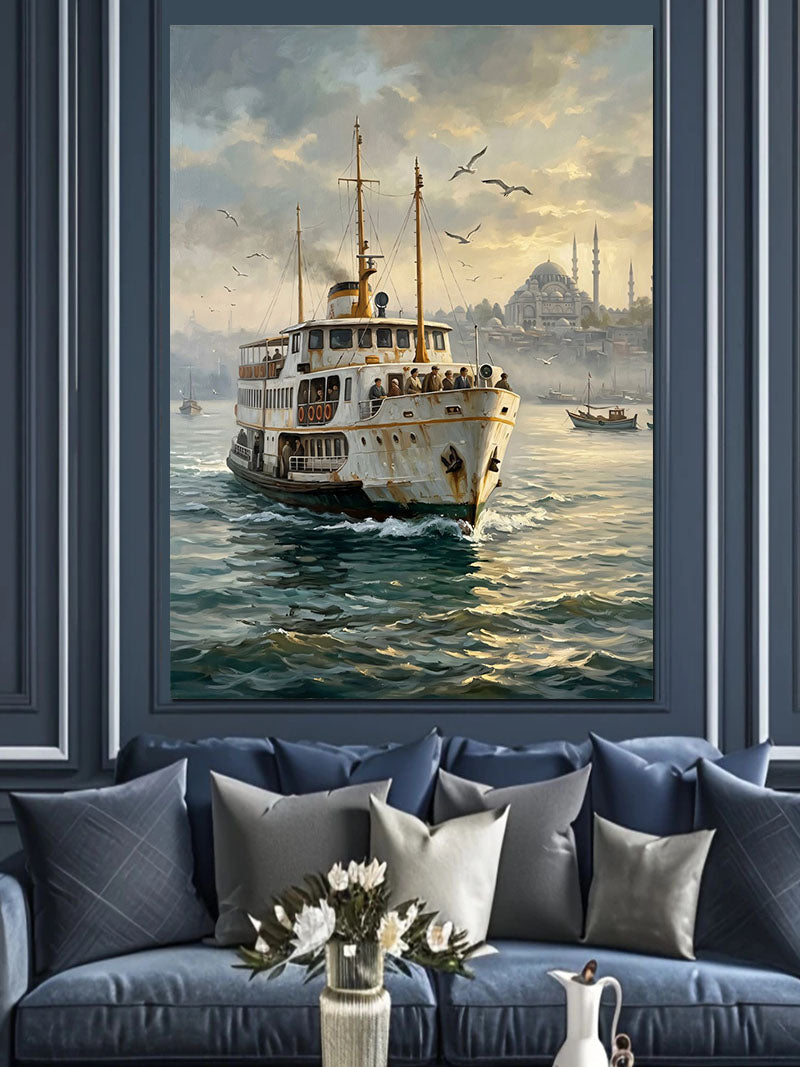 Boğazda İstanbul Vapuru Manzarası Tablosu Kanvas Tablo
