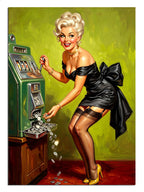 Kumar makinesinde para kazanan pin-up kadın vintage tablosu.