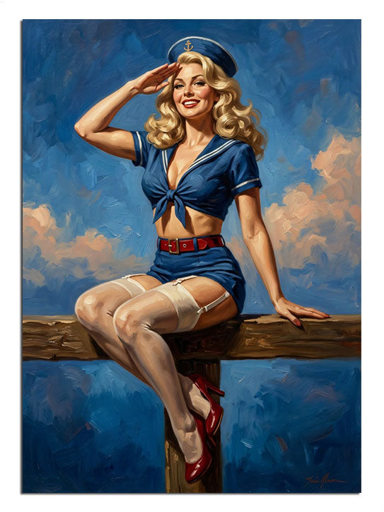 İskelede oturan mavi mayolu pin-up kadın vintage tablosu