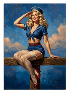 İskelede oturan mavi mayolu pin-up kadın vintage tablosu
