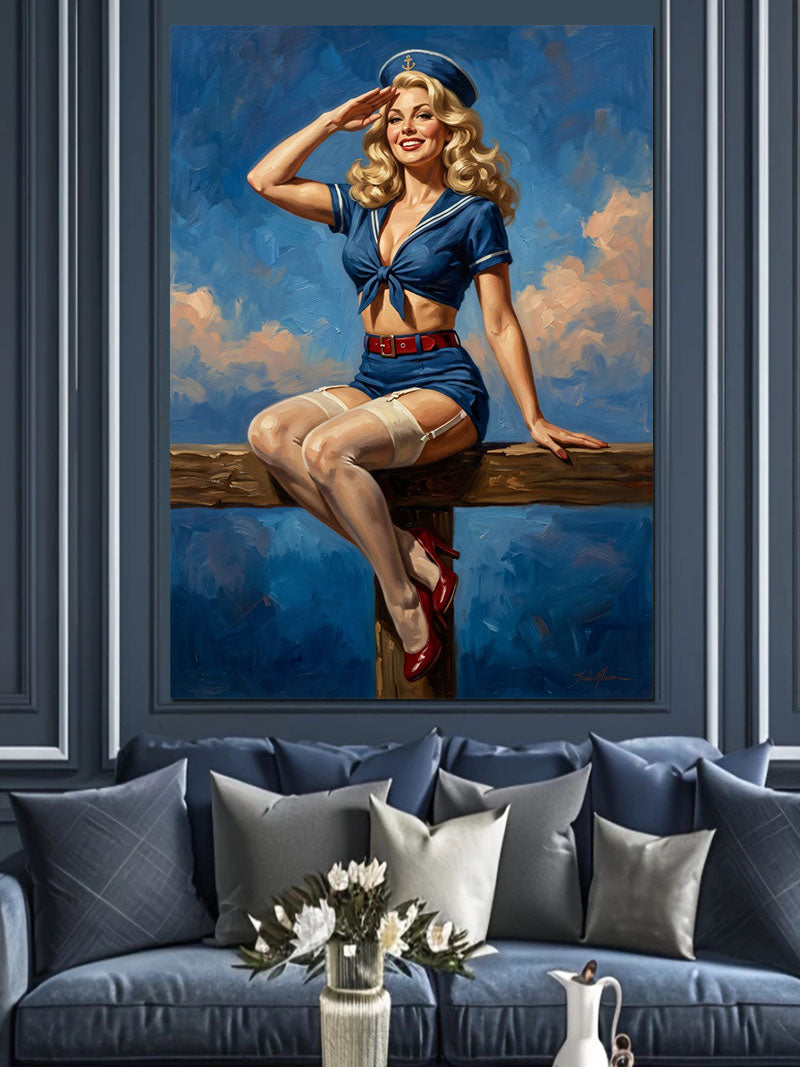 Mavi Elbiseli Pin-Up Deniz Kızı Kanvas Tablo