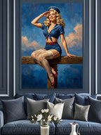 Mavi Elbiseli Pin-Up Deniz Kızı Kanvas Tablo
