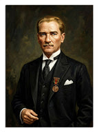 Madalyalı siyah takım elbiseli Atatürk portre tablosu