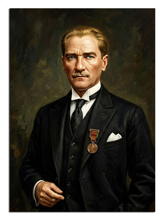 Madalyalı siyah takım elbiseli Atatürk portre tablosu