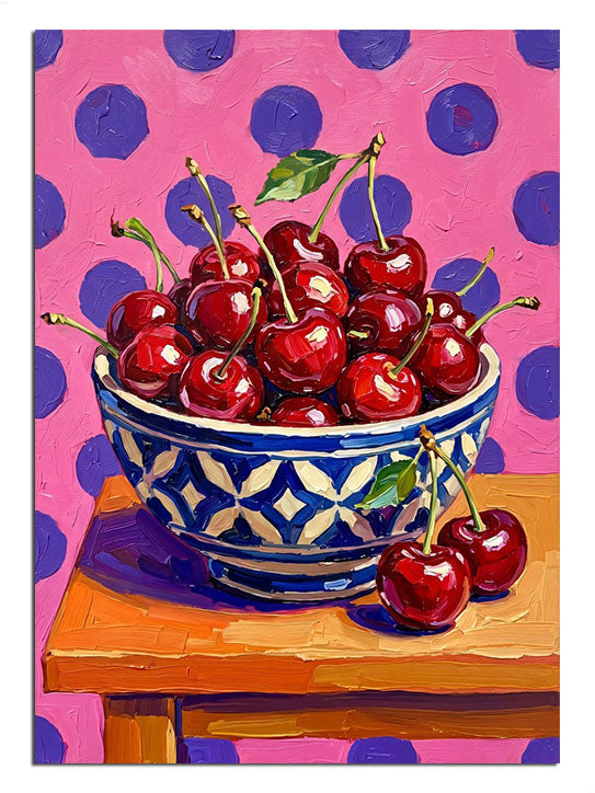 Pembe puantiyeli fonda kiraz dolu kase pop art tablosu