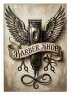 Kanatlı berber makinesi ve makaslı BARBER SHOP tabelası