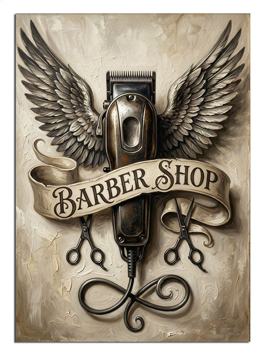 Kanatlı berber makinesi ve makaslı BARBER SHOP tabelası