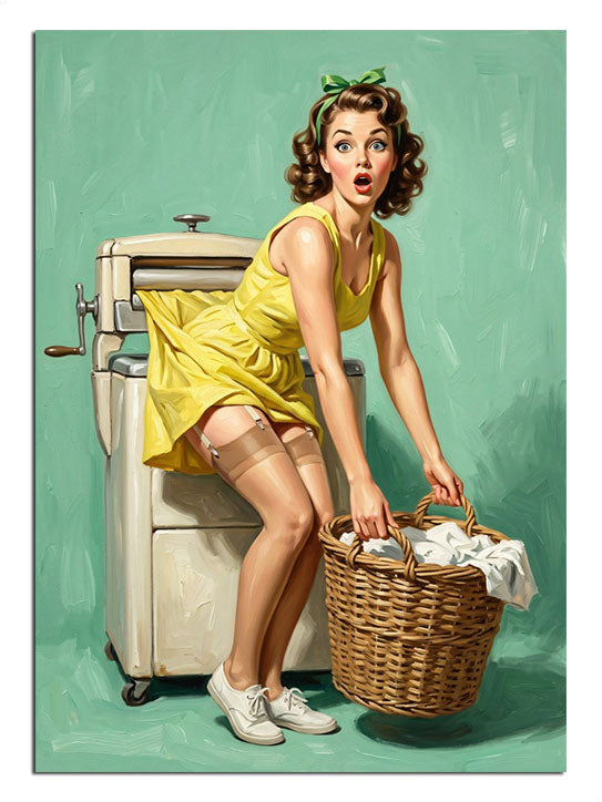 Çamaşır makinesinde çamaşır yıkayan sarı elbiseli pin-up kız