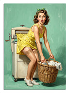 Çamaşır makinesinde çamaşır yıkayan sarı elbiseli pin-up kız