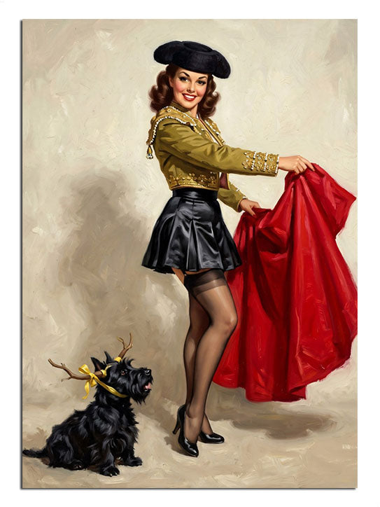 Kırmızı pelerinli kadın ve siyah köpek matador tarzı pin-up