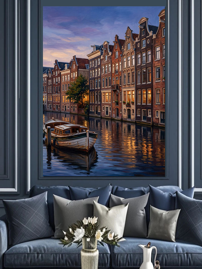 Kanallı Amsterdam Evleri Gece Kanvas Tablo