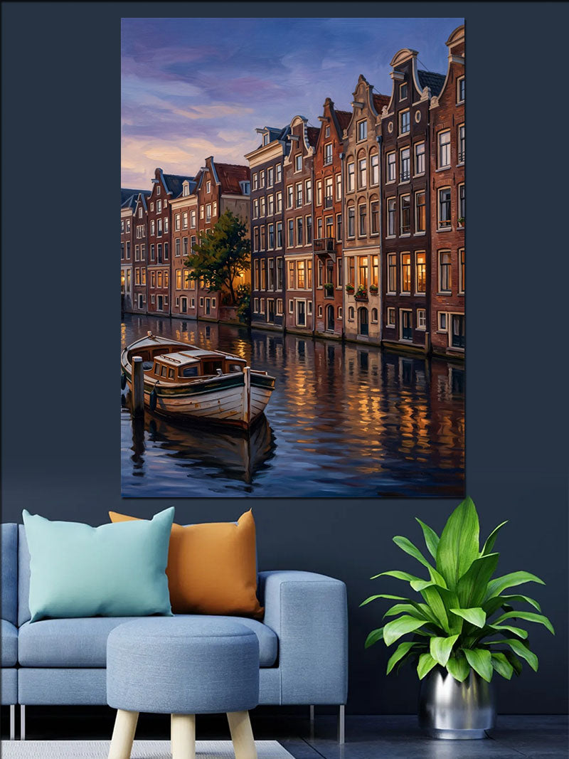 Kanallı Amsterdam Evleri Gece Kanvas Tablo