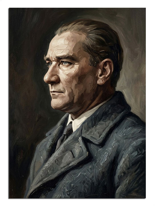 Gri takım elbiseli Atatürk yan profil portre tablosu
