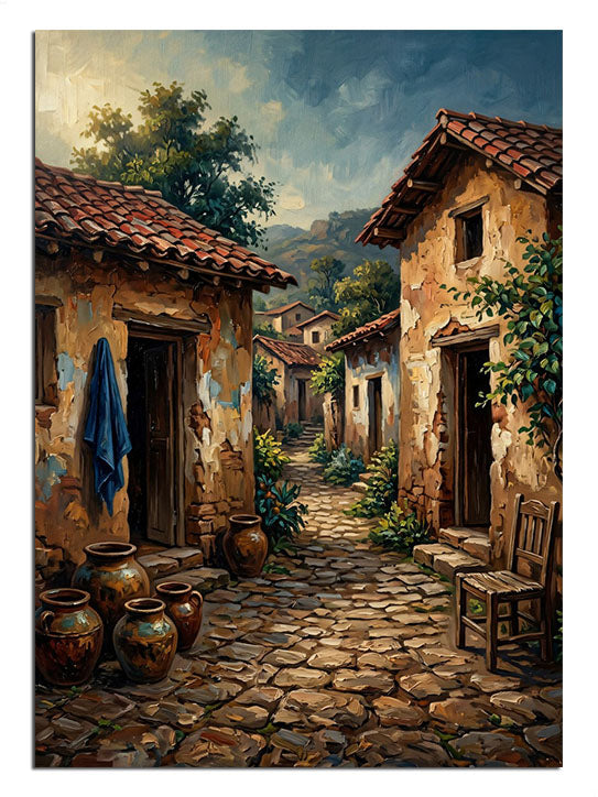 Çömlekli taş evler ve arnavut kaldırımlı Akdeniz köy sokağı manzarası.
