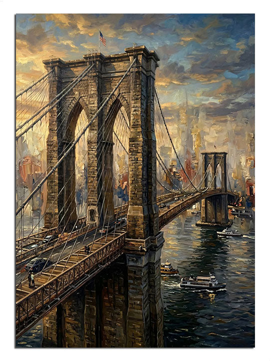 Gün batımında Brooklyn Köprüsü ve nehir manzarası tablosu.