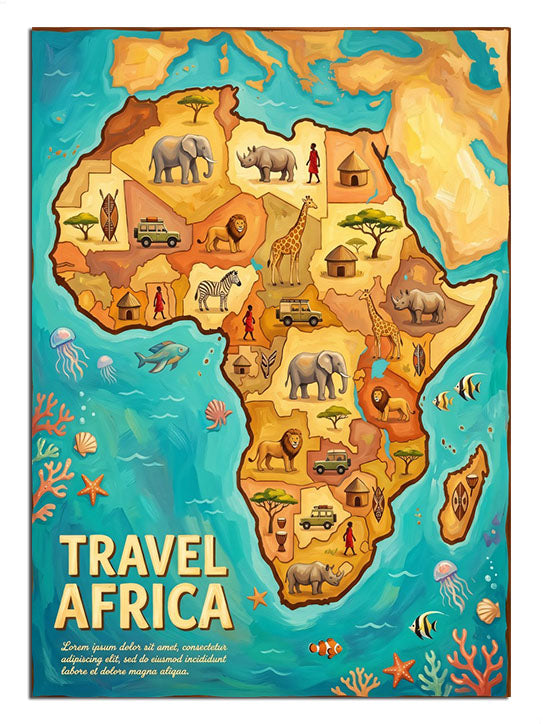 Hayvanlı Afrika haritası TRAVEL AFRICA yazılı seyahat posteri.