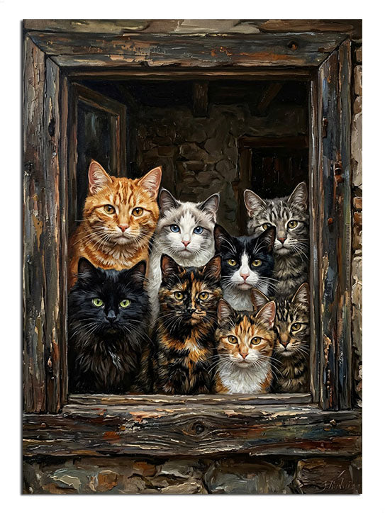 Eski ahşap pencereden bakan altı kedi sevimli tablo.
