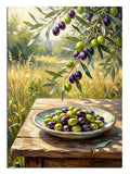 Masada zeytin dalı ve tabakta yeşil zeytinler natürmort tablosu.