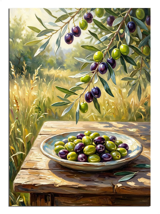 Masada zeytin dalı ve tabakta yeşil zeytinler natürmort tablosu.