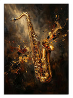 Siyah fonda patlama efekti ile altın saksafon müzik tablosu.